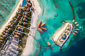 Aerial view of a luxury resort complex in the middle of the Indian Ocean on a paradise island on Alifu Dhaalu Atoll,Alif Alif,Maldives