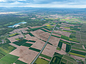 Luftaufnahme von schönem Patchwork-Ackerland und Feldern mit einer ruhigen Straße unter einem strahlenden Himmel, Kintzheim, Frankreich