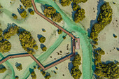 Luftaufnahme des Jubail Mangrove Walking Park in Abu Dhabi, Vereinigte Arabische Emirate