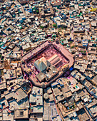 Aerial view of people celebrating the holy colour festival near the Shri And Baba Temple,Uttar Pradesh,India
