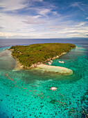 Aerial view of Sumilon Island and outrigger boats,Philippines