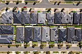 Aerial view of modern suburban homes with organized streets and greenery,Mickleham,Victoria,Australia