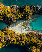 Aerial view of kayaks attached together in pattern in bay of El Nido,the Philippines