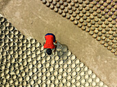 Aerial view of people working in a clay pot factory in Bogura,Bangladesh