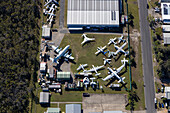 Aerial view of airport with hangars and airplanes on the runway,Caloundra West,Queensland,Australia