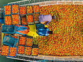 Dhaka,Bangladesh - 27 February 2023: Aerial view of people trading with fruits and vegetables on boats along the river in Dhaka,Bangladesh