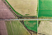 Luftaufnahme von schönen grünen Feldern und landwirtschaftlichen Nutzflächen mit kurvenreichen Straßen, Ensisheim, Frankreich
