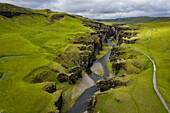 Aerial view of Fjardarargljufur canyon in southern region of Iceland