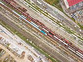 Aerial view above of rail train system creating abstract image