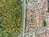 Luftaufnahme einer malerischen Stadt, umgeben von buntem Herbstlaub und einem ruhigen Wald, Thann, Frankreich