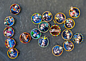 Aerial view of colourful round boats with tourists in vibrant circles on water,Cam Thanh,Vietnam