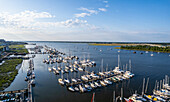 Aerial view of beautiful sail boats moored at Charleston City Marina,Ashley River,Charleston,South Carolina,United States