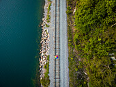 Concept aerial view man escalating rail tracks,Wisconsin,USA