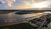 Aerial view of Charleston City Marina at sunset with Ashley River,Charleston,South Carolina,United States