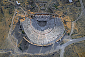 Aerial view of the ancient theater ruins of Hierapolis surrounded by beautiful landscape,Pamukkale,Turkey