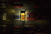 Aerial view of containers at night in the harbor area Grao,Valencia,Spain