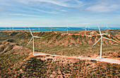 Aerial view of Matafongo,wind farm with many turbines,on a sunny morning,Bani,Dominican Republic
