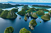 Luftaufnahme von wunderschönen tropischen Inseln und türkisfarbener Lagune mit üppigem Grün, Raja Ampat Regency, Indonesien