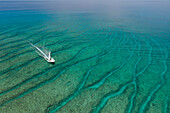 Aerial view of a boat in the turquoise waters of Laquedivas Sea,Maldives