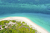 Aerial view of one of the many deserted beaches to be found at Farquhar atoll in the Seychelles