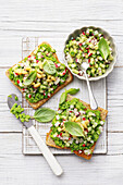 Pea toast with vegan cucumber and radish bites