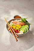 California bowl with salmon, kimchi and mango
