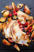 Grilled fruit with meringue and trail mix