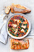 Caribbean callaloo with grilled salmon