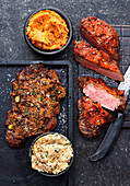 Rump steak with tomato crust, rump steak with Café de Paris crust