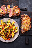 Grilled rump steak with onion crust and fries