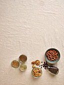 Spices, dried fruit and nuts for baking bread