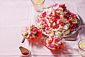 Eton Mess with roasted rhubarb and rose petals