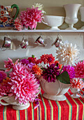 Dahlien-Arrangements in Vasen auf gestreiftem Tuch