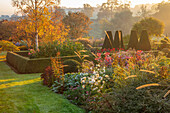 Herbstliche Gartenlandschaft mit Dahlien, Anemonen und Ziergräsern im Sonnenaufgang