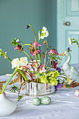 Frühlingsarrangement mit Christrosen (Helleborus) auf weißer Tischdecke