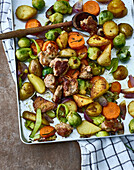 Winter vegetables from the tray with farmer's sausage