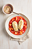 Curd cheese dumplings with rhubarb compote