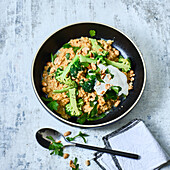 Lentil dal with broccoli and peanuts