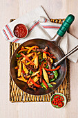 Chilli beef pan with peppers and baby corn