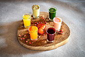 Various fruit and vegetable shots on a wooden board