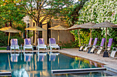 Sonnenliegen mit lila Handtüchern am Pool, Bougainvillea im Hintergrund