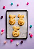 Baked Easter bunnies made from yeast dough