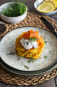 Potato rösti with carrot salmon and herb dip