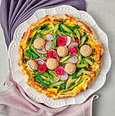 Quiche with chard, asparagus and savoury macarons