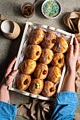 Doughnuts with jam, chocolate cream and vanilla cream