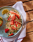 Quinoa salad with strawberries, pomelo and salmon and avocado terrine