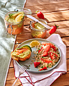 Quinoa salad with strawberries, pomelo and salmon and avocado terrine