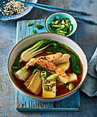 Miso soup with salmon and pak choy
