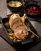 Roast pork chops with celeriac puree and beetroot chutney