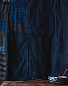 Blue fabric background, Thai crockery